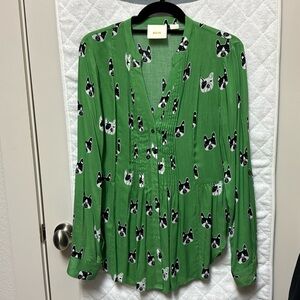 Anthropologie Green Pintuck Blouse with Boston Terriers.  Never worn.